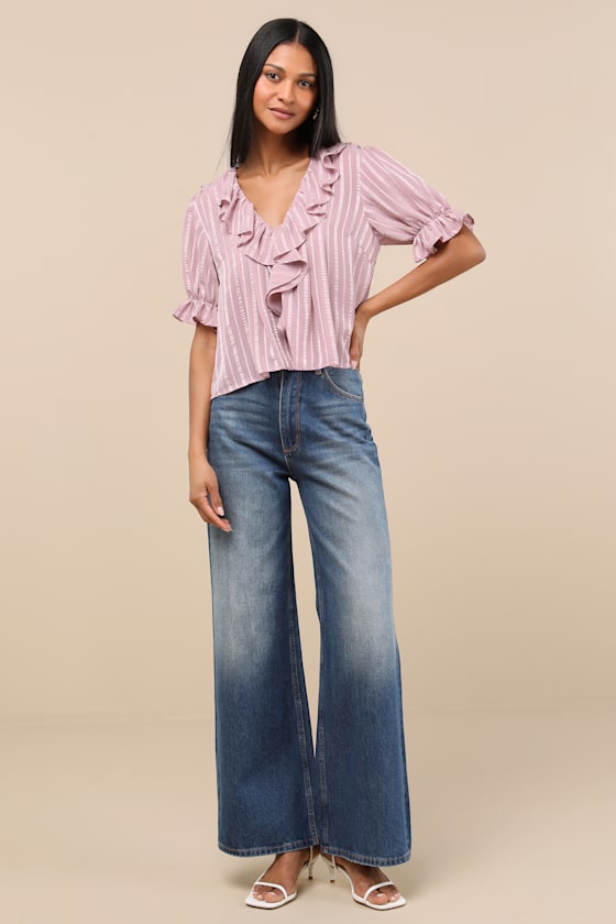 Lulus Dania Mauve Striped Ruffled Short Sleeve Top
