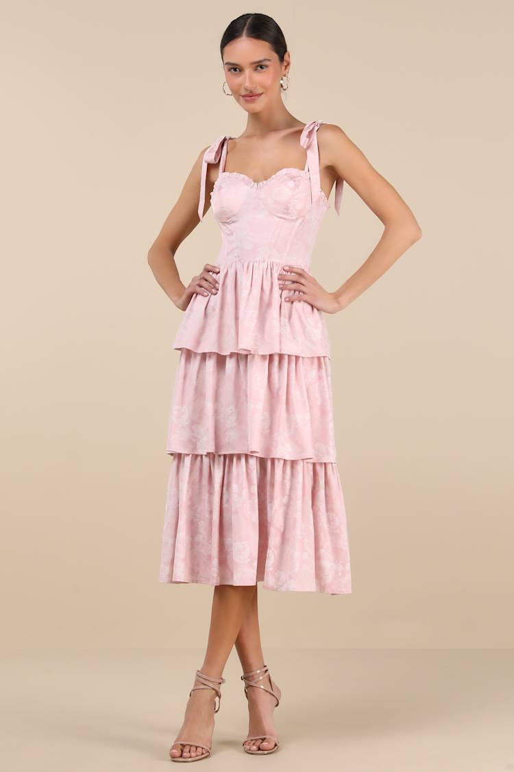 Pink Floral dress - Jacquard Dress - Strapless Bustier Midi  display picture 3