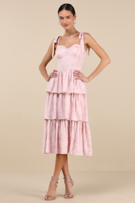 Lovely Bliss Pink Floral Jacquard Strapless Bustier Midi Dress 1