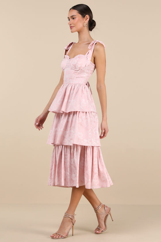 Lovely Bliss Pink Floral Jacquard Strapless Bustier Midi Dress 2