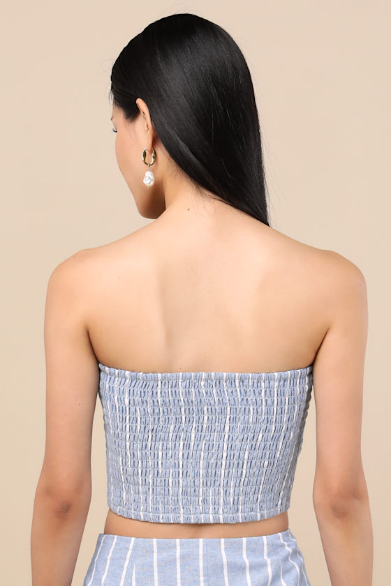 LULUS SOLANA BLUE STRIPED STRAPLESS BUTTON-FRONT TOP