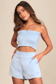 Extra Love Dusty Blue Satin High-Waisted Shorts 7