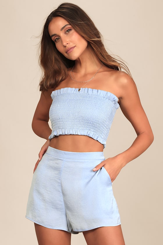 Extra Love Dusty Blue Satin High-Waisted Shorts 7