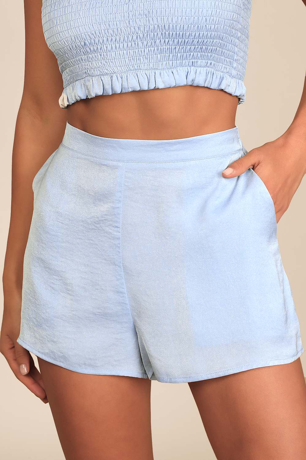 Extra Love Dusty Blue Satin High-Waisted Shorts
