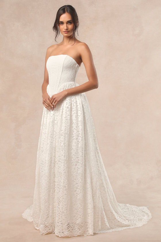 Lulus Shiori White Lace Bustier Basque Waist Strapless Maxi Dress