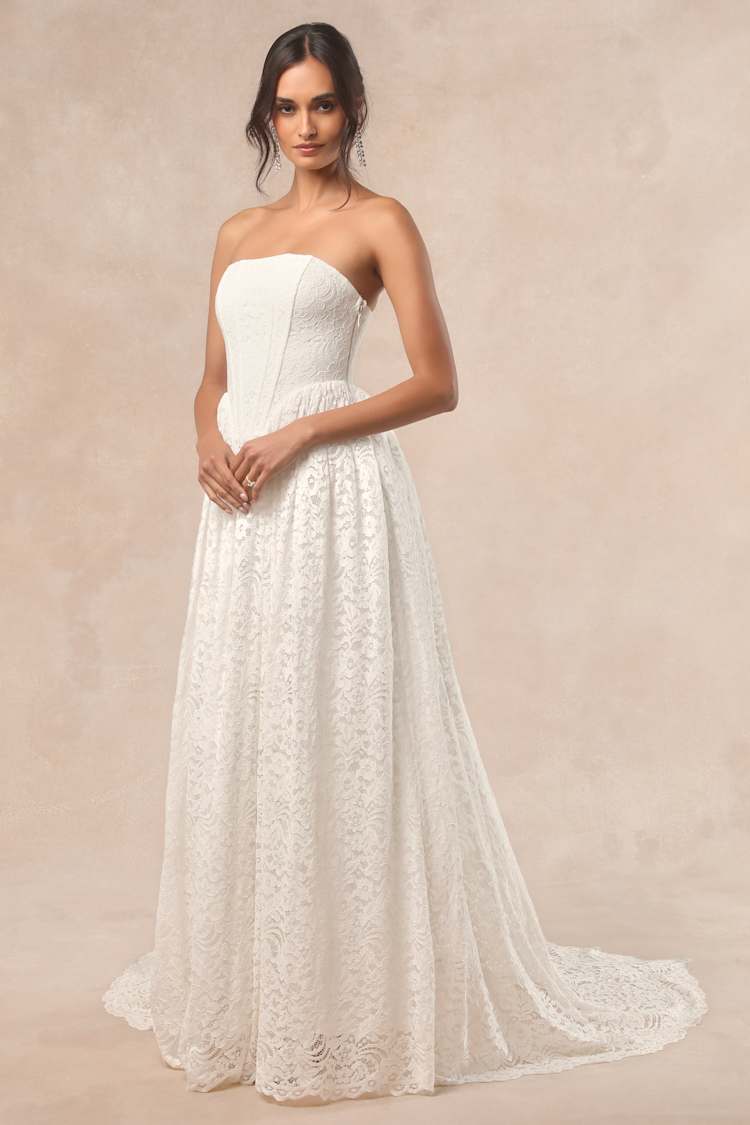 Shiori White Lace Bustier Basque Waist Strapless Maxi Dress