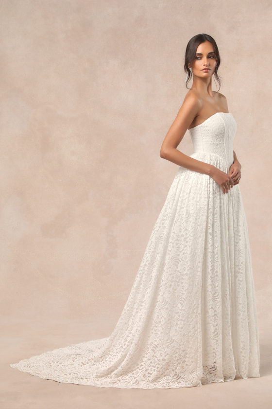 Lulus Shiori White Lace Bustier Basque Waist Strapless Maxi Dress