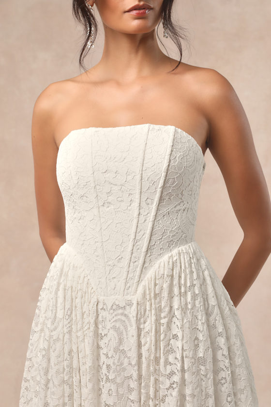 Lulus Shiori White Lace Bustier Basque Waist Strapless Maxi Dress