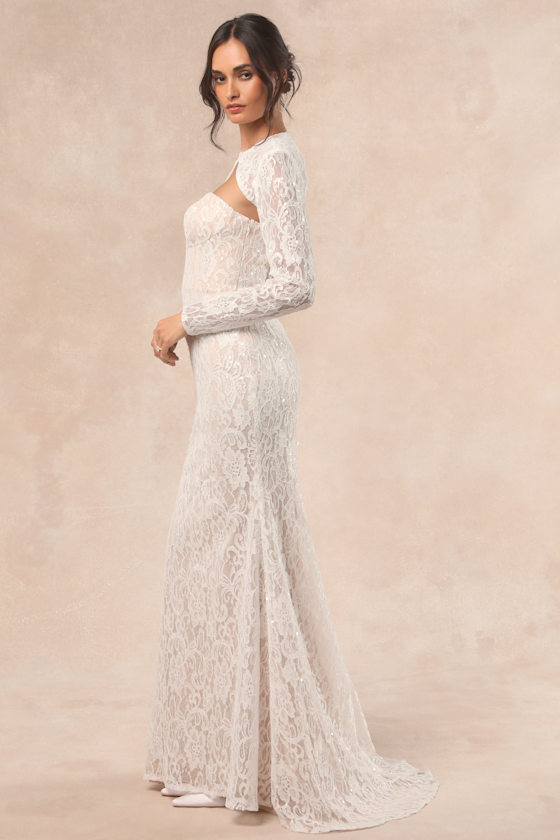 Lulus Neska White And Beige Lace Maxi Dress And Shrug Set