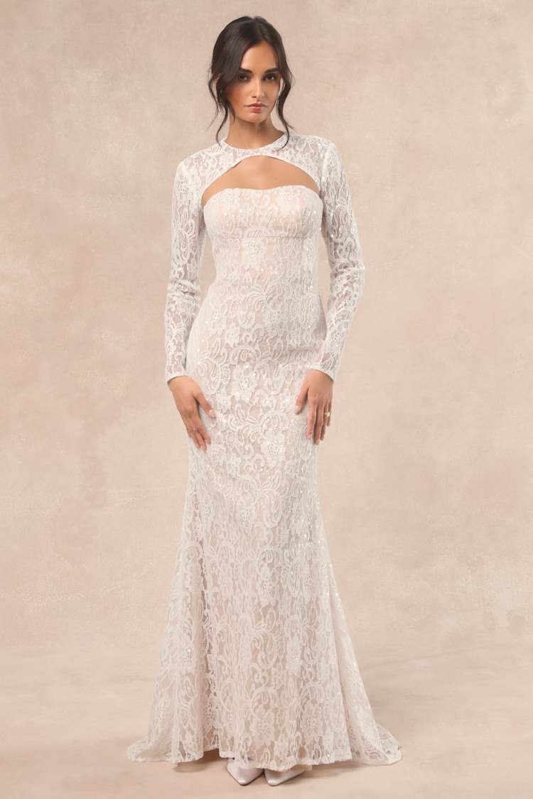 Neska White and Beige Lace Maxi Dress and Shrug Set