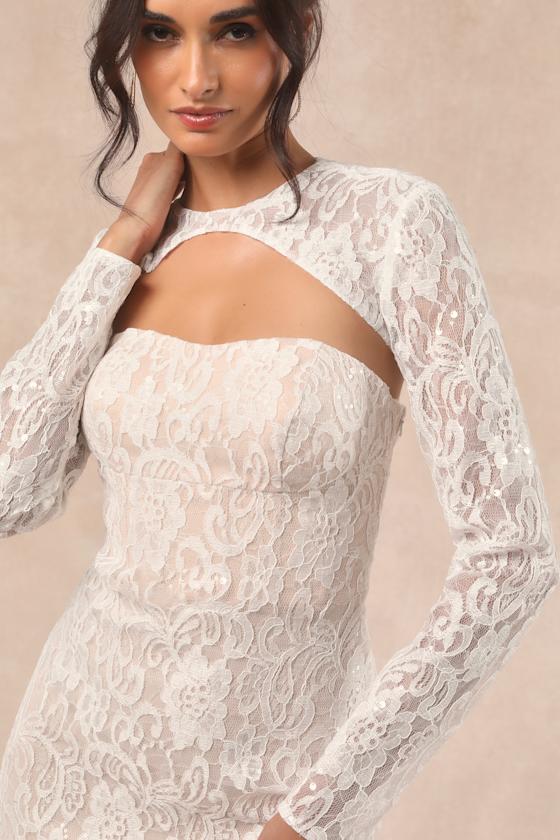 Lulus Neska White And Beige Lace Maxi Dress And Shrug Set