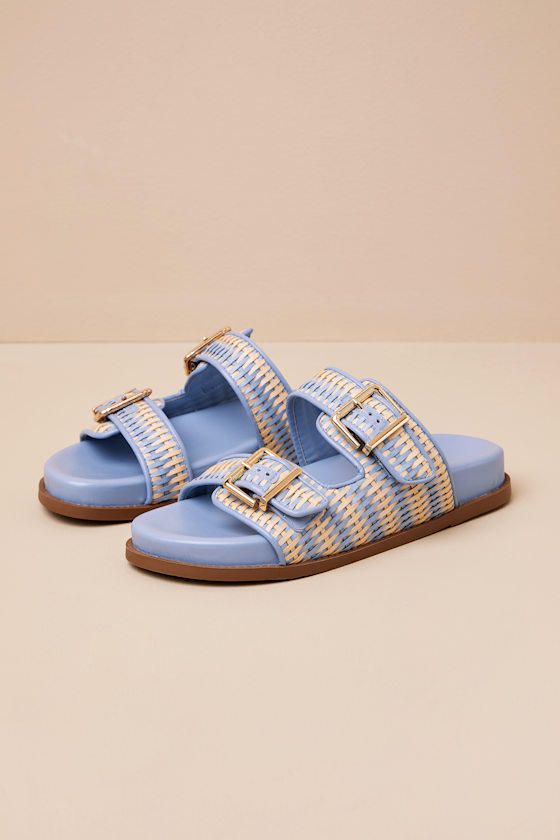 Schutz Naomi Sporty Beige And Sky Blue Woven Buckle Slide Sandals In Blue