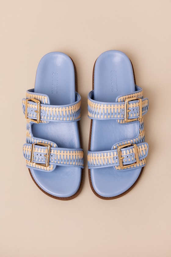 Schutz Naomi Sporty Beige And Sky Blue Woven Buckle Slide Sandals In Blue