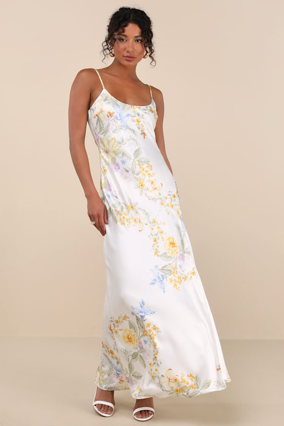 極美品◆FLOWER PRINT CAMISOLE SLIT DRESS◇S Ivory Floral Maxi Dress - Slip Maxi Dress - Satin Maxi Dress - Lulus