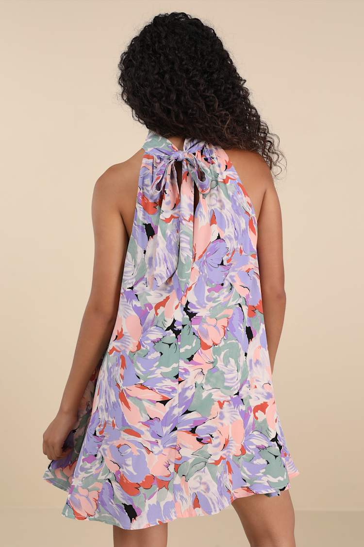 Tied Back To You Lavender Multi Floral Print Mini Shift Dress