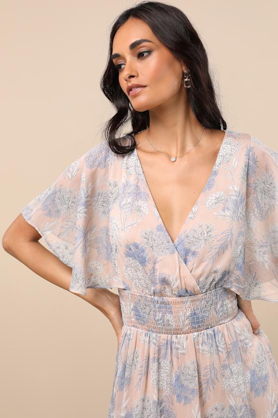 Subtle Romance Beige Floral Print Ruffled Midi Dress
