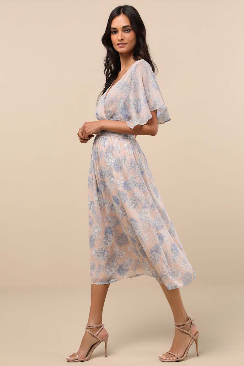 Subtle Romance Beige Floral Print Ruffled Midi Dress