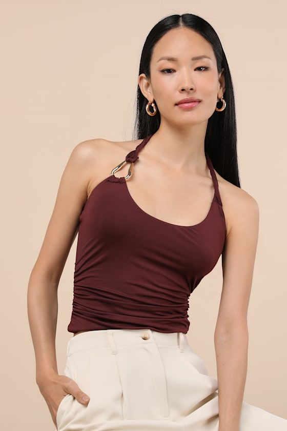 Sndys Ash Burgundy Jersey Knit Ruched Twisted Halter Top