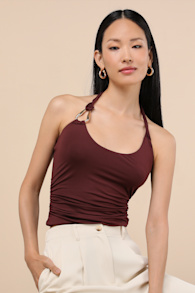Ash Burgundy Jersey Knit Ruched Twisted Halter Top 4