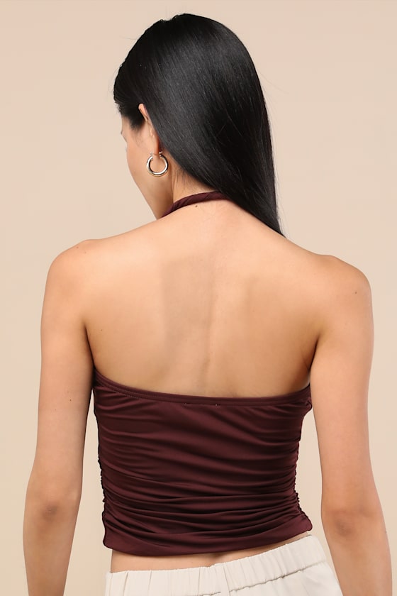 Ash Burgundy Jersey Knit Ruched Twisted Halter Top 1