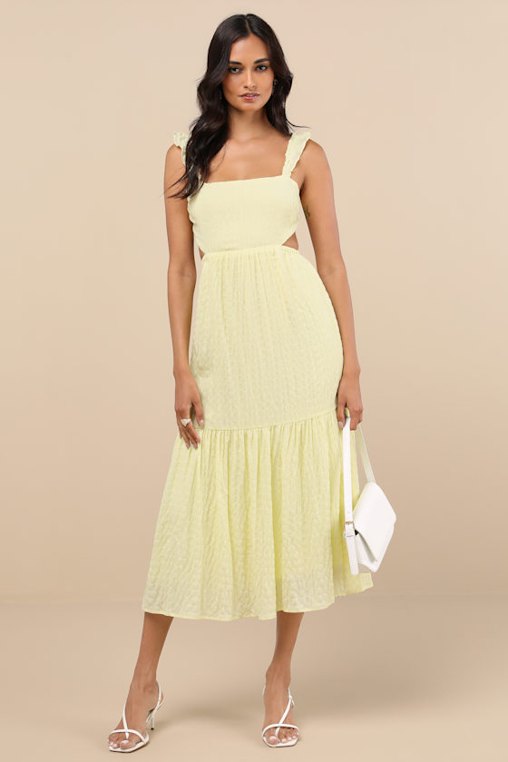 Dreamiest Darling Yellow Smocked Tie-Back Tiered Midi Dress
