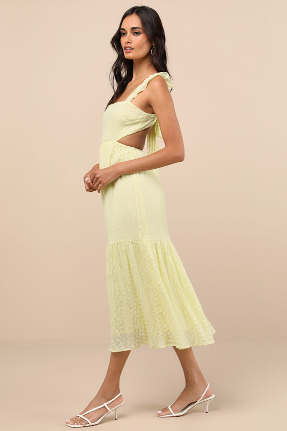 Lush Dreamiest Darling Yellow Smocked Tie-back Tiered Midi Dress In White