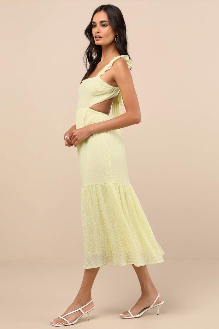 Dreamiest Darling Yellow Smocked Tie-Back Tiered Midi Dress