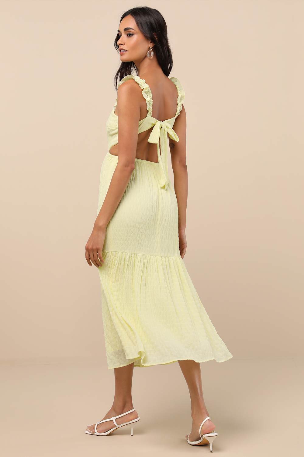 Dreamiest Darling Yellow Smocked Tie-Back Tiered Midi Dress