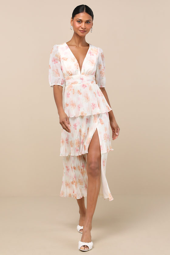 Lulus Jadia Ivory Floral Pleated Tiered Midi Dress In Multi