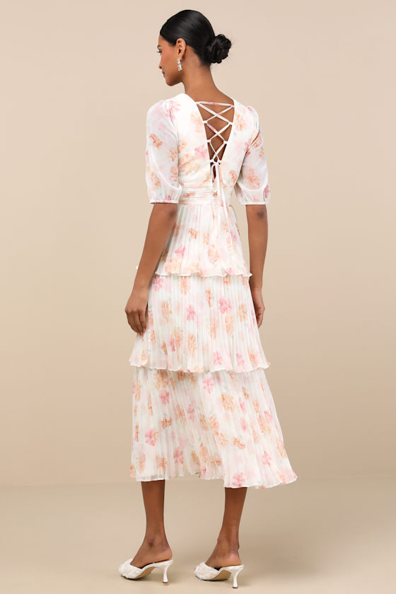 Lulus Jadia Ivory Floral Pleated Tiered Midi Dress In Multi