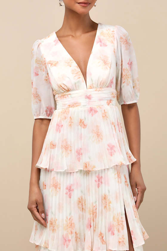 Lulus Jadia Ivory Floral Pleated Tiered Midi Dress In Multi