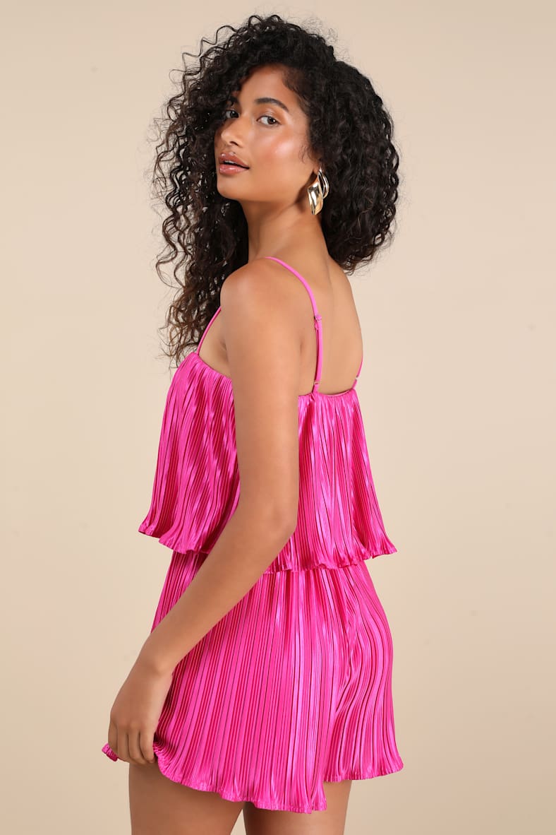 Fun Flirt Hot Pink Satin Plisse Sleeveless Romper