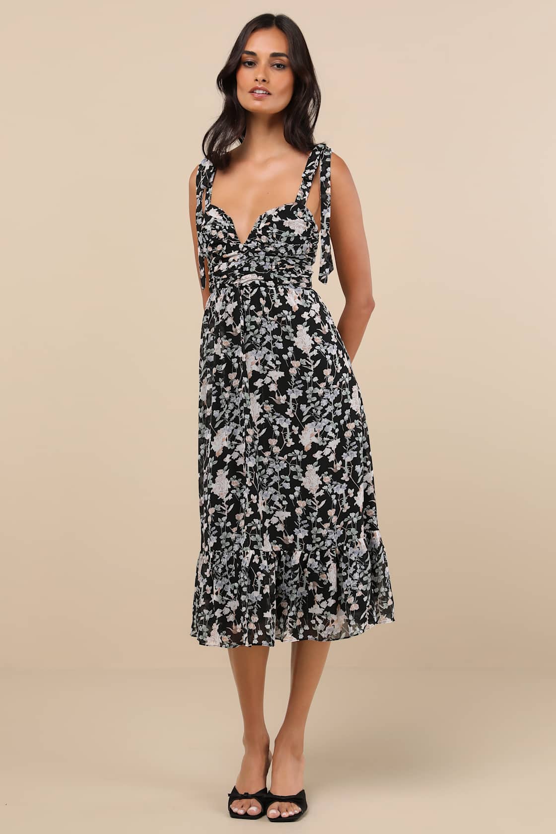 Lush Loveliness Black Floral Lurex Tie-Strap Midi Dress