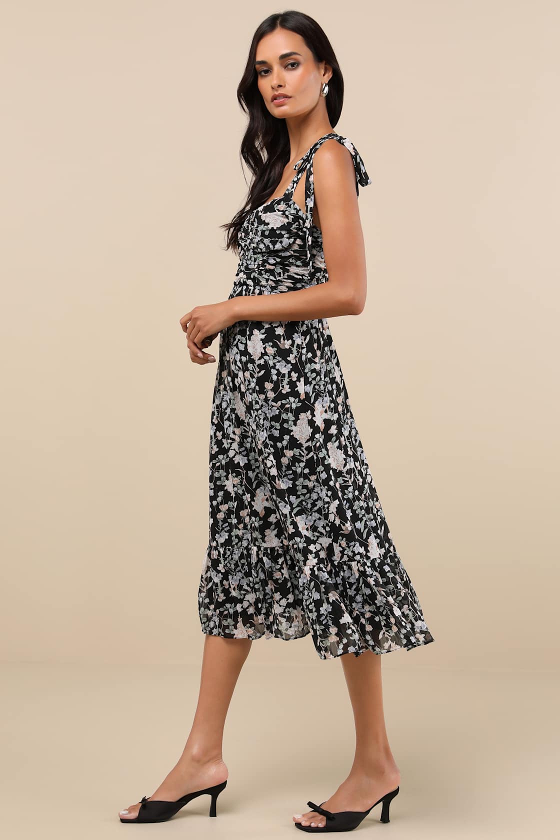 Lush Loveliness Black Floral Lurex Tie-Strap Midi Dress