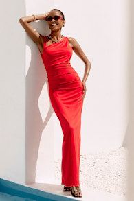 Enticing Darling Red Asymmetrical Ruched Maxi Dress