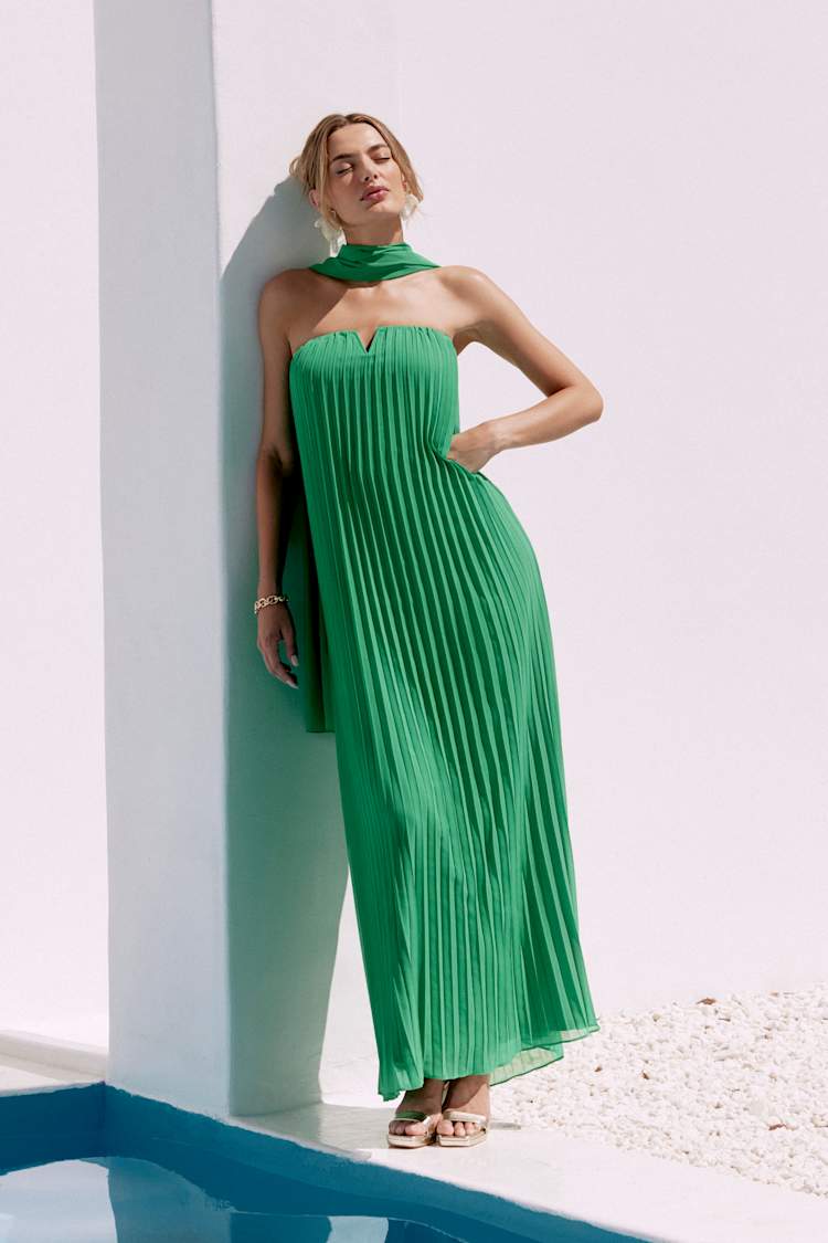 Lael Green Pleated Strapless Dress and Scarf Set