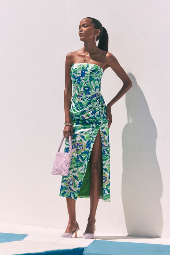 Lulus Deasia Green And Blue Floral Bustier Midi Dress