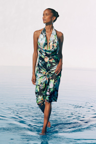 Nuliana Black Multi Floral Satin Backless Midi Dress