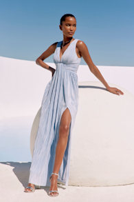 Melitta Light Blue Plisse Sash Maxi Dress