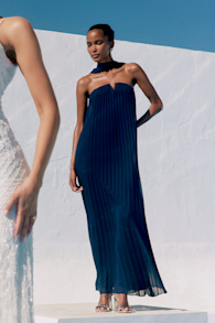 Lael Navy Pleated Strapless Dress and Scarf Set