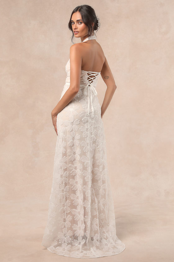 Lulus Violeta White And Beige Sequin Floral Maxi Dress