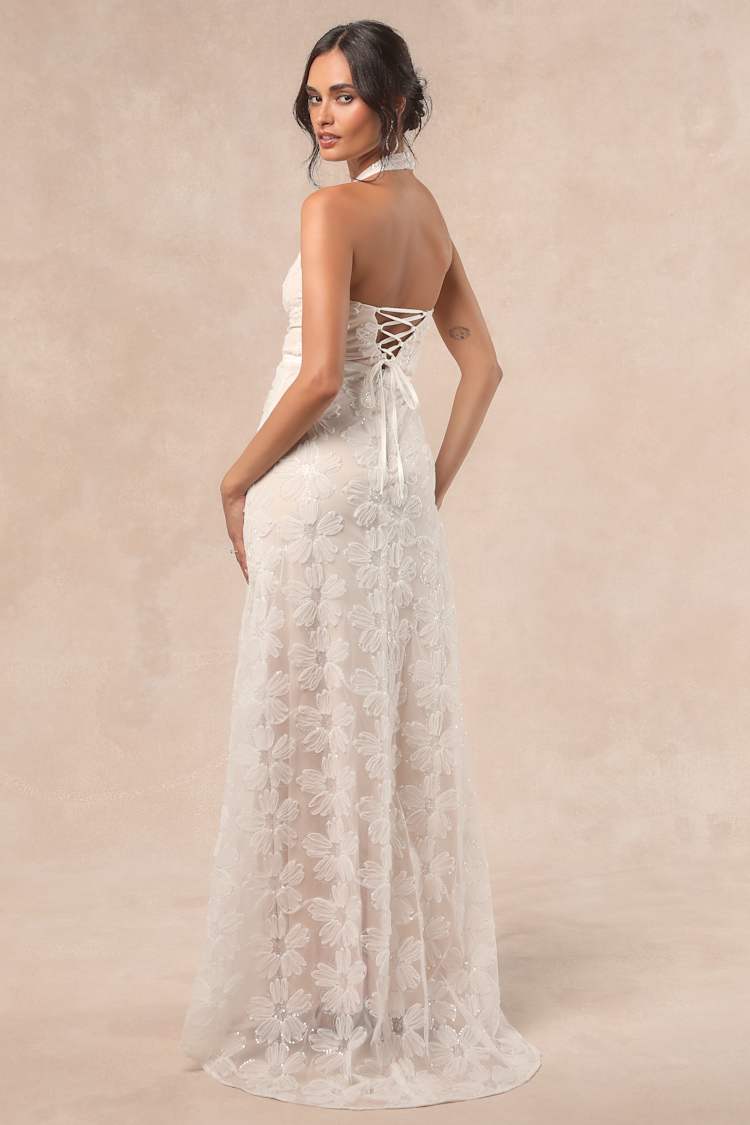 Violeta White and Beige Sequin Floral Maxi Dress