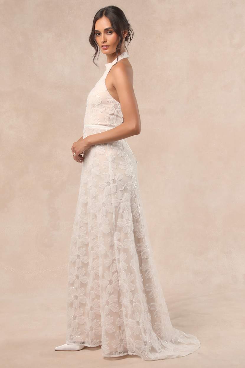 Violeta White and Beige Sequin Floral Maxi Dress