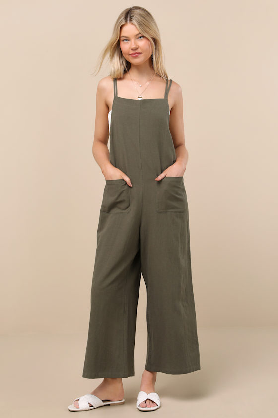 Lulus Claudie Sage Linen Sleeveless Cropped Jumpsuit