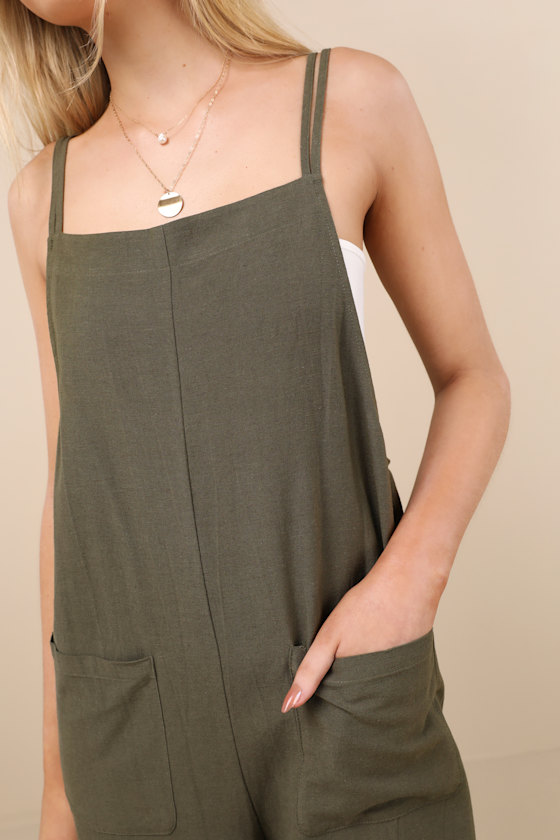 LULUS CLAUDIE SAGE LINEN SLEEVELESS CROPPED JUMPSUIT