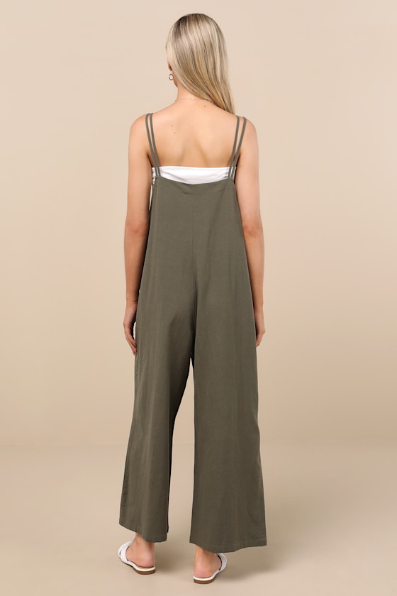 LULUS CLAUDIE SAGE LINEN SLEEVELESS CROPPED JUMPSUIT