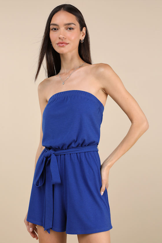 Leisurely Moments Royal Blue Ribbed Knit Strapless Lounge Romper 3