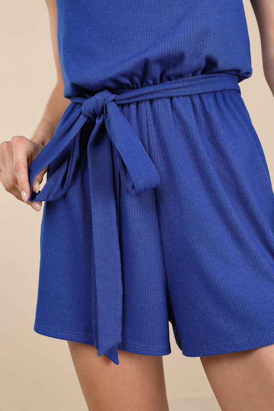 Lulus Leisurely Moments Royal Blue Ribbed Knit Strapless Lounge Romper In Blue