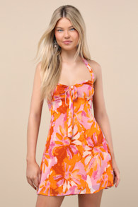 Sabine Orange Multi Floral Halter Mini Dress