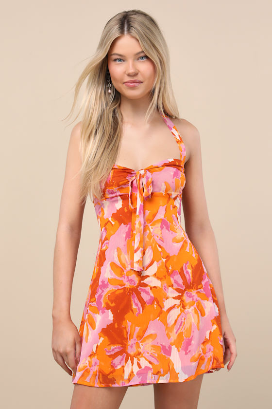 Sabine Orange Multi Floral Halter Mini Dress 5
